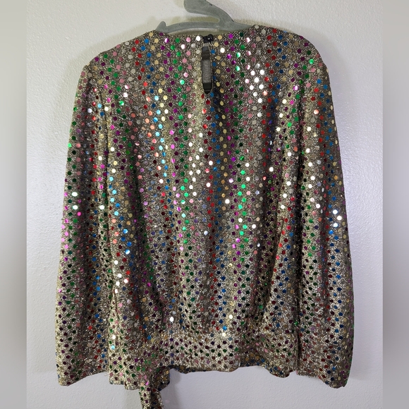 Vintage Rainbow Sequin blouse Shiny Holiday top Party Shimmer Shirt Long… - Picture 3 of 6